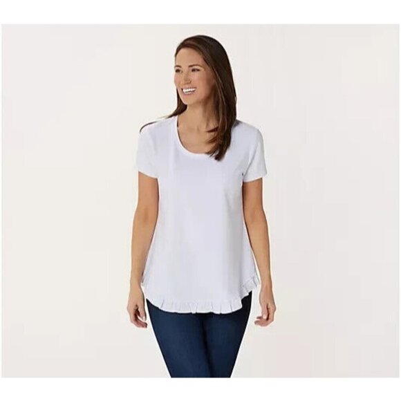 Isaac Mizrahi Live! Scoop Neck Curved Ruffle Hem Knit Top Bright White,L - Picture 1 of 1